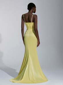 Elitara Elegant Cream Yellow Satin Shiny Elastic Spaghetti Strap Fish Bone Tape Low Waist Fish Tail Slit Maxi Dress, Suitable For Dates, Vacations, Music Festivals, Weddings, Awards Ceremonies, Graduation, Prom, Formal Occasions - Light Yellow - View 4