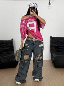 Coolane 女士夏季音乐会狂欢节外出文艺复兴博览会俱乐部街头服饰 Y2K 图案粉色平纹针织 T 恤 - 粉色 - 查看 6