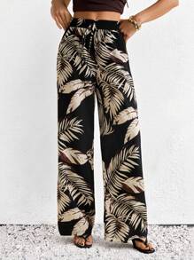 SHEIN Tall 女士热带植物印花抽绳腰休闲阔腿裤 - 黑色 - 查看 1