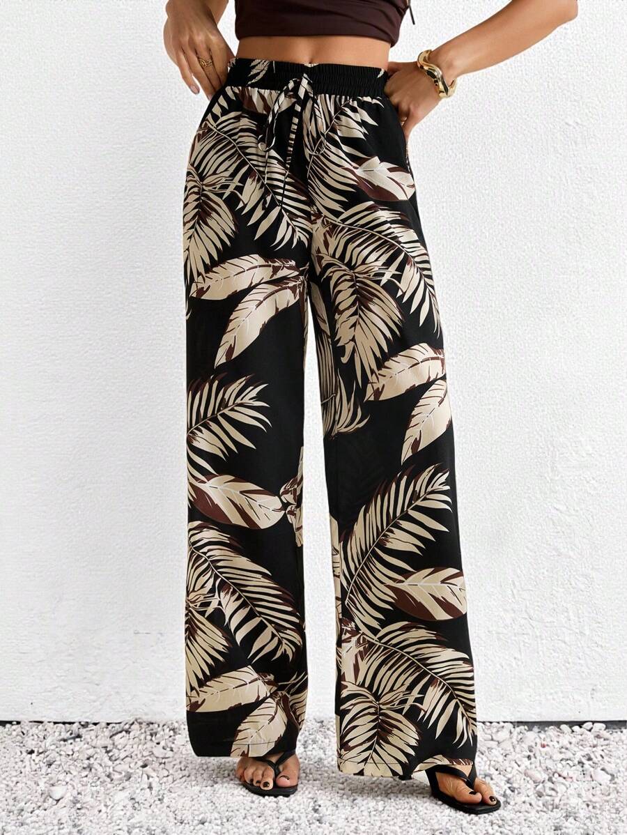 SHEIN Tall 女士热带植物印花抽绳腰休闲阔腿裤 - 黑色 - 查看 1