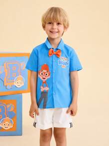 Blippi X SHEIN Young Boy Summer Cartoon Pattern Orange Bowknot Blue Casual Short Sleeve Shirt