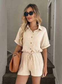 SHEIN LUNE 蝙蝠袖前打結襯衫和短褲