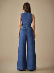 Selenza 女式纯色休闲无袖牛仔连体裤 - 中等水洗藍 - 查看 2