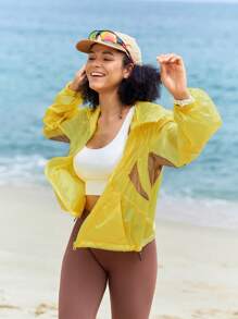 In My Nature Chaqueta de lluvia con capucha de manga larga y cremallera frontal de color contrastante para mujer, chaqueta casual de bloqueo de color para senderismo al aire libre, chaqueta para correr, chaqueta cortavientos de protección solar, chaqueta ligera, chaqueta de color amarillo y marrón, chaqueta de activewear, bloqueo de color, chaquetas de color contrastante, chaquetas protectoras contra el sol, chaquetas protectoras UV, a prueba de sol, verano, otoño, chaquetas de senderismo al aire libre, chaquetas transpirables, chaquetas translúcidas, chaqueta fluorescente amarilla - Amarillo - Ver 15