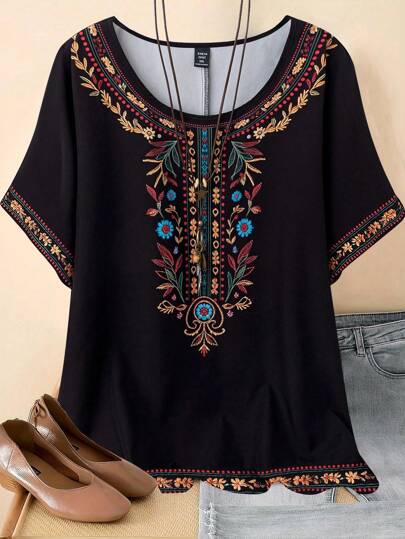 SHEIN Embroidered Floral Round Neck Short Sleeve Plus Size Women Shirt
