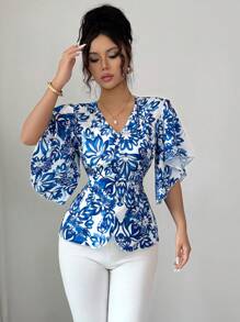 Elenzga Autumn New V-Neck Slit Waist Floral Print Blouse, Vintage Porcelain Pattern, Elegant Casual Vacation Date Wear, Puff Sleeve Shirt For Women, Teachers - Blue and White - View 1