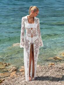 SHEIN ICON Blusa larga holgada con encaje calado para mujeres - Blanco - Ver 6