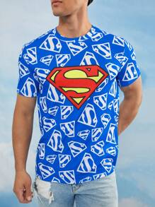 SUPERMAN X SHEIN 男士蓝色圆领短袖徽章图案T恤