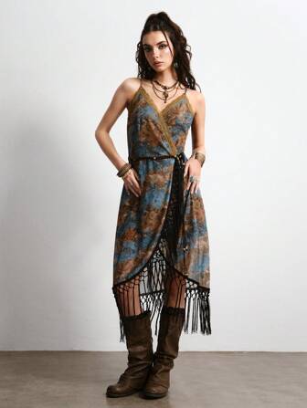 Abito lungo da donna vintage, sexy, da festival musicale hippie, in pizzo, con inserti trasparenti, nappine e cintura in perline di legno