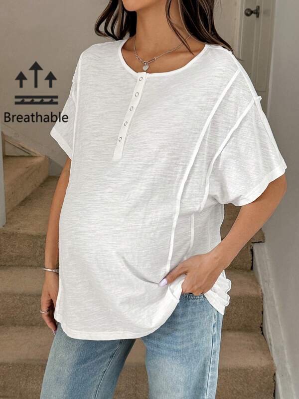 SHEIN Camiseta Matérnidade Simples de Gola Redonda e Manga Curta, Uso Casual Diário