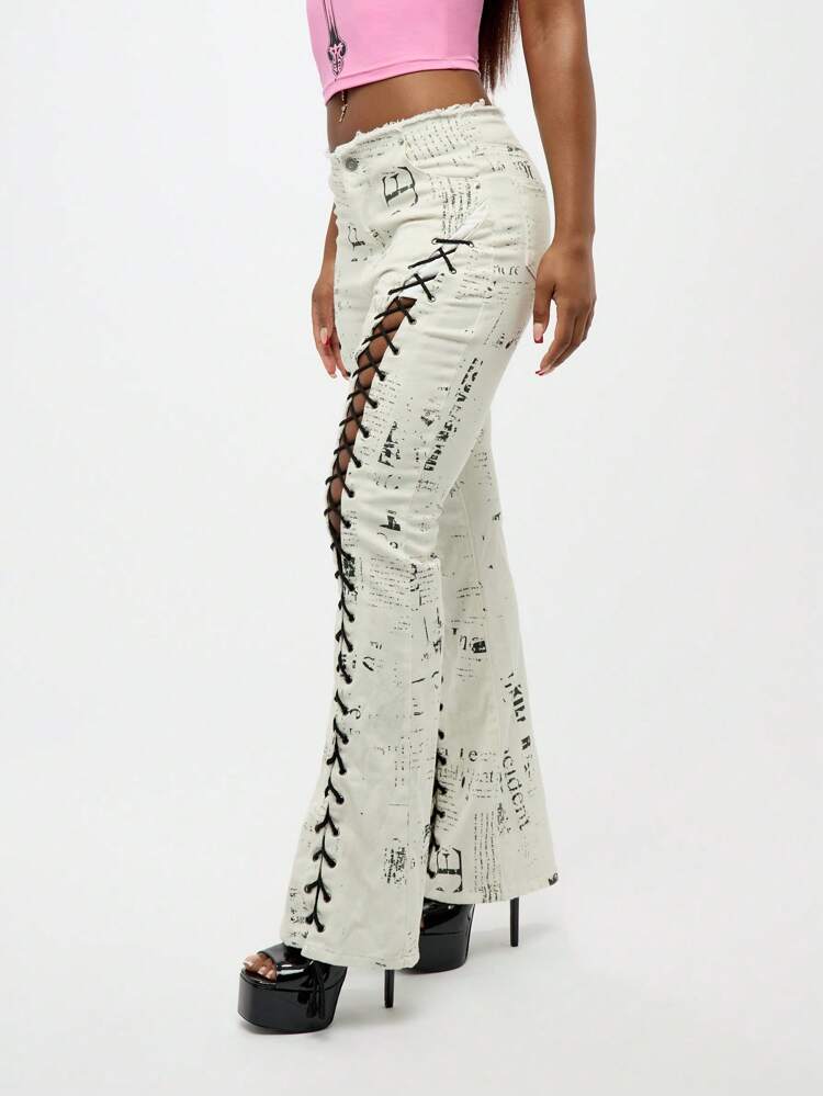 SUMWON WOMEN Newspaper Print Lace-Up High Waisted Flare Jeans