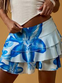 MISSGUIDED Saia Mini Tiered de Praia de Verão com Cobertura, Estampa Floral em Aquarela e Camadas Plissadas para Roupa de Praia de Resort de Beira de Piscina - Azul e Branco - Visão 5