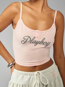 Missguided x Playboy Retro Style Crop Tank Top Button Front Cami Aesthetic Y2K Summer Festival Basic Lounge Streetwear Sleepwear Top - Pink - View 5