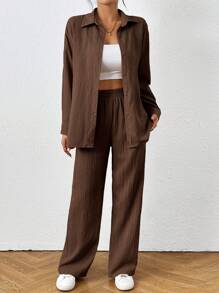 SHEIN PETITE 女士休闲办公装纯色衬衫和裤子两件套 - 棕色 - 查看 4