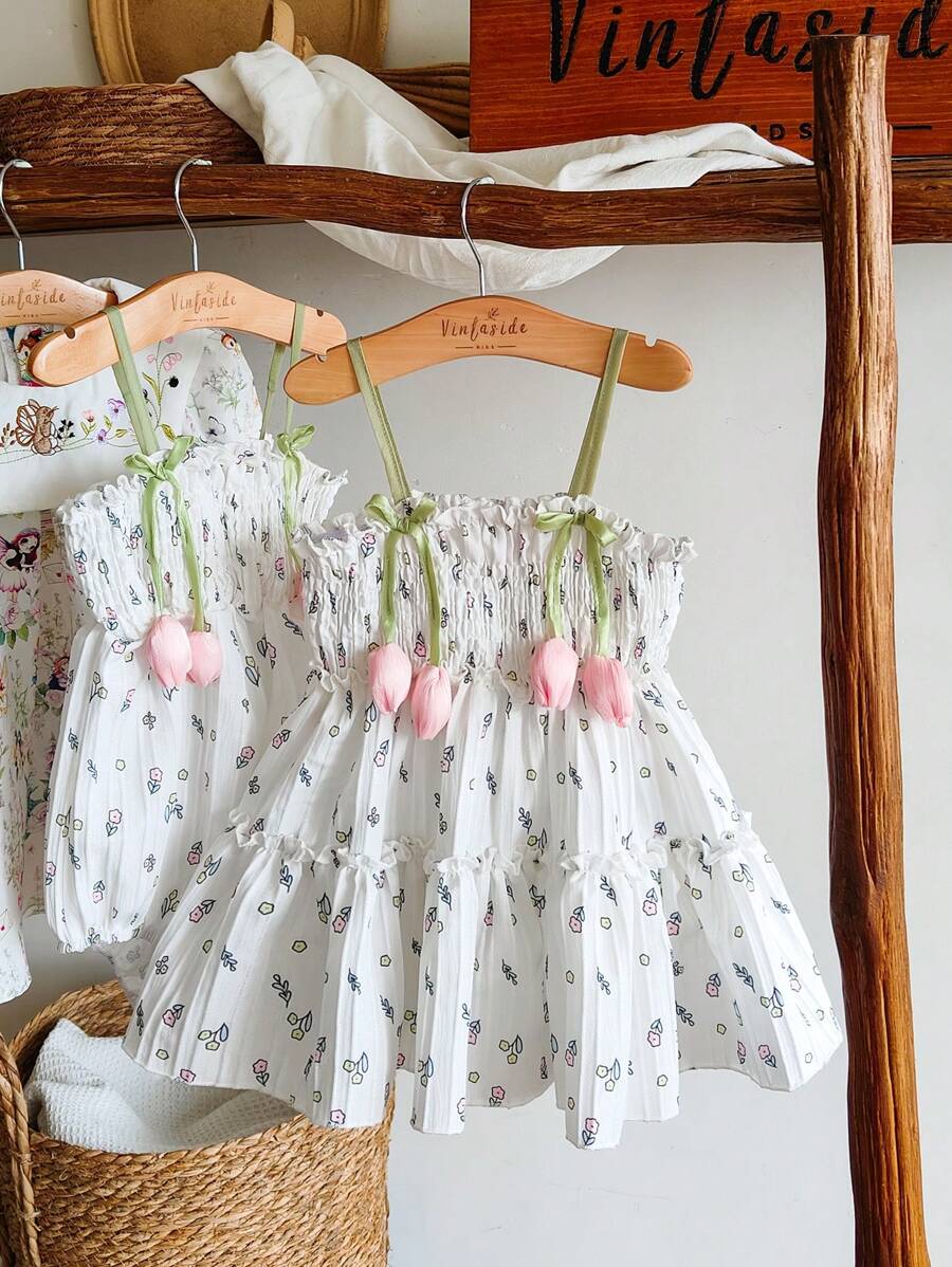 SHEIN Vintaside Kids 女婴碎花连衣裙，3D 花朵装饰，可爱雏菊和郁金香图案，时尚百搭春夏季休闲连衣裙 - 彩色 - 查看 1