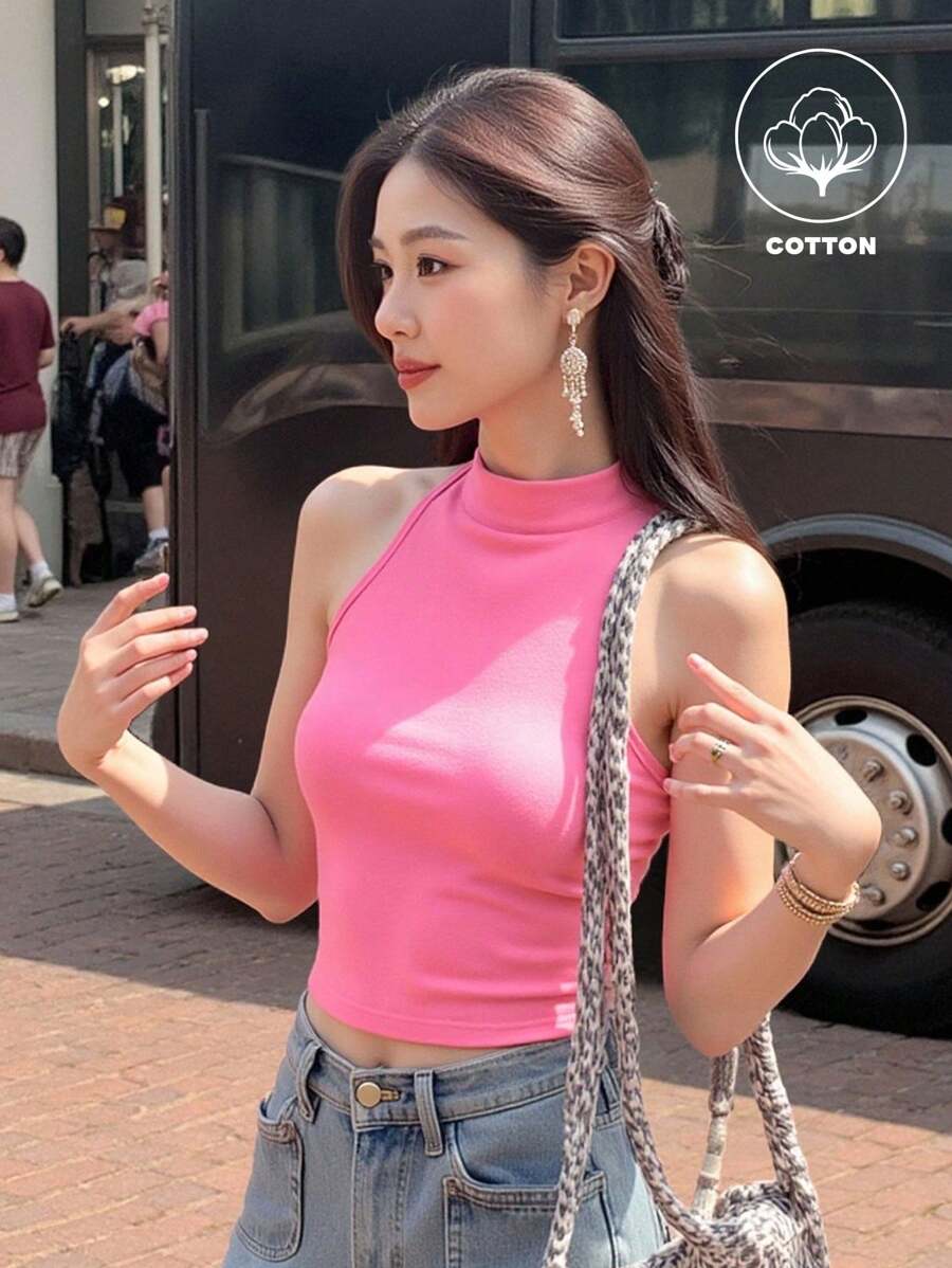 Women's Casual Solid Color Stand Collar Tie Back Cropped Tank Top, Summer - Pink - View 1