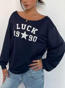 SHEIN 少女宽松不对称领口卫衣，休闲日常深蓝色宽松“幸运”标语印花长袖，适合初秋、秋冬季、返校季，可爱又时尚，适合假日亲子户外活动。 - 藏蓝色 - 查看 5