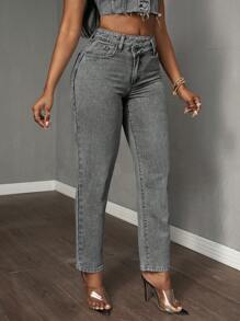 SHEIN PETITE Women's Asymmetric Waist Pocket Straight Leg Loose Casual Jeans - Grey - View 8