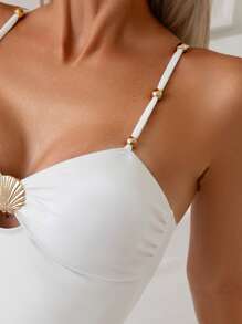 Swim Chiccia Women's Solid Color One-Piece Bikini Set, Elegant Bikini Set, Casual Beach Vacation For Summer - White - View 4