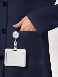 TaskEZ Solid Color Front Button-Up Mid-Length Lab Coat - Navy Blue - View 8