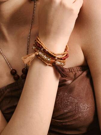 Hippie 6pcs Boho Multi-Layer Beaded Tassel Bracelet For Women