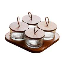 SHEIN 木制小吃托盘带盖玻璃盖分盘坚果盘小吃盘用于糖果薯片配菜沙拉开胃菜 - 棕色 - 查看 6