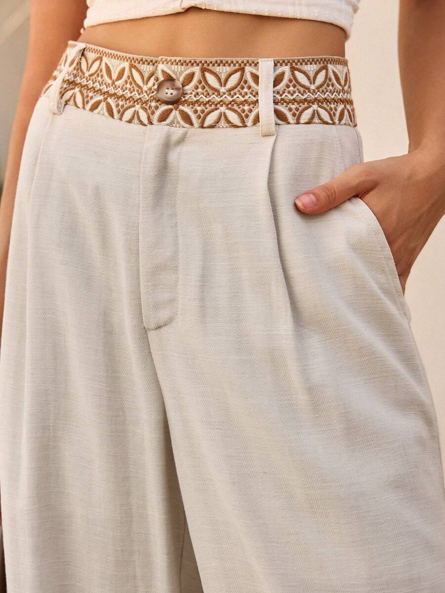 DAZY 女式腰带亮片撞色亚麻宽松裤，度假装波西米亚风女式阔腿裤，夏季阔腿裤度假裤女式绣花裤，返校服，教师裤 - 米色 - 查看 1