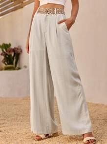 DAZY 女式腰带亮片撞色亚麻宽松裤，度假装波西米亚风女式阔腿裤，夏季阔腿裤度假裤女式绣花裤，返校服，教师裤 - 米色 - 查看 7