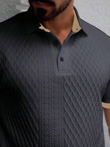 Manfinity Homme 男士撞色边商务休闲短袖 Polo 衫 夏季男士 Polo 衫 纹理 Polo 衫 男士高尔夫衫 针织 Polo 衫 男士短袖 Polo 衫 - 灰色 - 查看 4