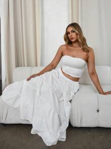 SHEIN Essnce Faldas largas tipo maxifalda bohemias de talla grande para mujer 2025, de mezcla de lino con abertura alta, cintura elástica y encaje, esenciales para festivales de música y vacaciones