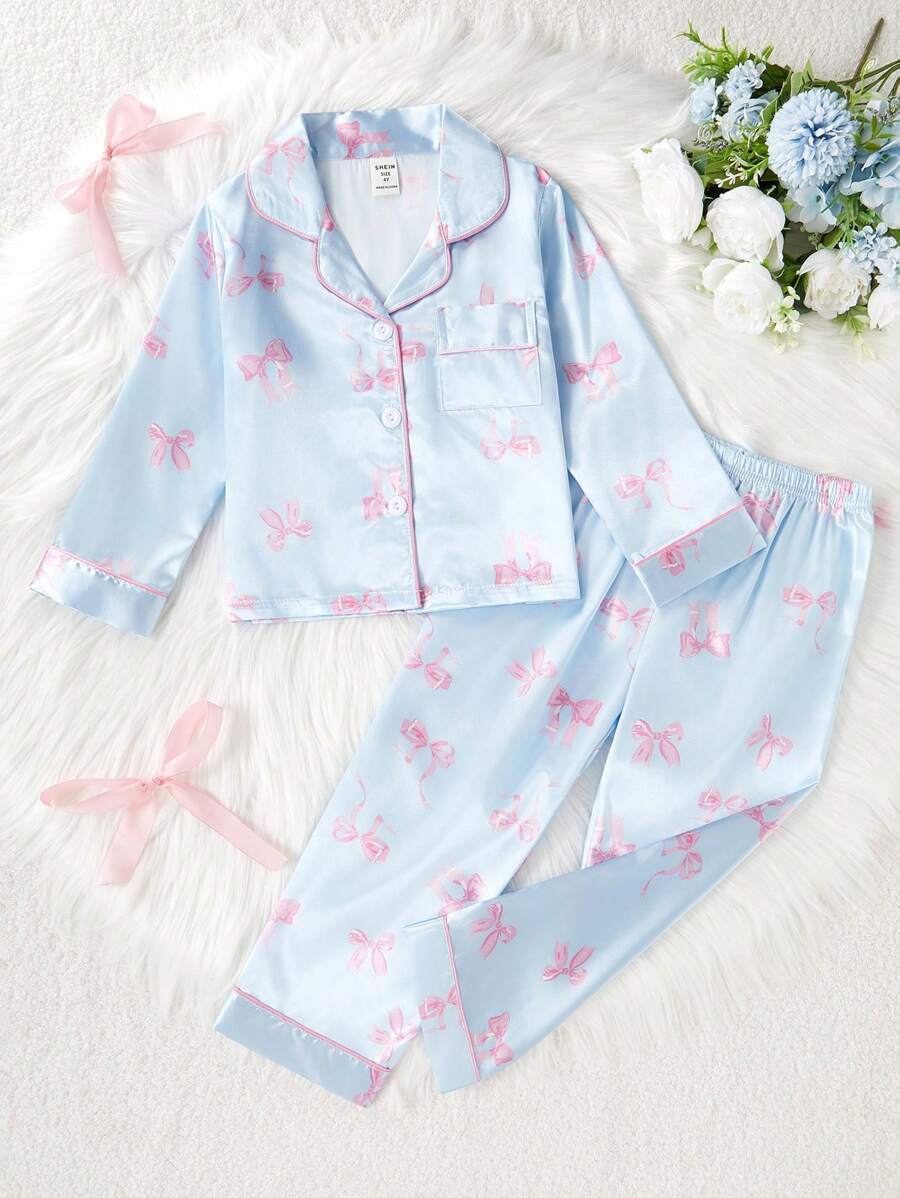 2pcs Young Girl Cute Butterfly Printed Collar Cardigan Long Sleeve Top And Casual Long Pants Comfortable Pajama Set - Blue - View 1