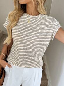 Easowa Round Collar Drop Shoulder Casual T-Shirt, Basic Cut Waffle Texture Striped Fabric, Elegant Holiday Street Wear For Women