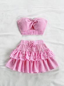 Soleia Bộ 2 món trang phục thường ngày mùa hè cho nữ: Áo xoắn bandeau và chân váy nhún bèo, họa tiết kẻ caro xanh trắng, thích hợp cho ngày lễ Bộ váy gingham màu hồng Bộ váy mùa hè Bộ váy hồng Trang phục đi nghỉ Bộ váy cho nữ - Nhiều màu - Xem 8