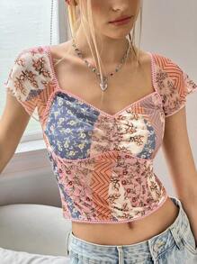 Jouncy Women's Vacation Floral Print Sweetheart Neckline Raglan Short Sleeve Fashion T-Shirt - Multicolor - View 3
