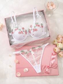 SHEIN 2 Pcs Lace Embroidered Women Sexy Bra Set With Underwire - White - View 1