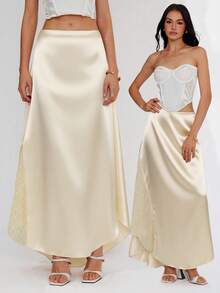 Roylia Women's Spring/Summer Fashion Satin & Contrast Lace Versatile All-Match Skirt - Champagne - View 6