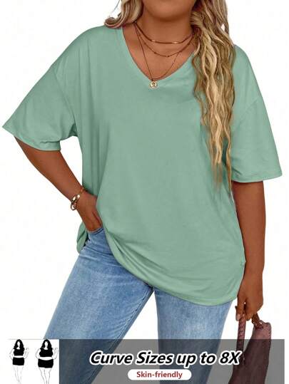 SHEIN CURVE+ Plus Size V-Neck Short Sleeve Solid Color T-Shirt, Fashionable For Summer