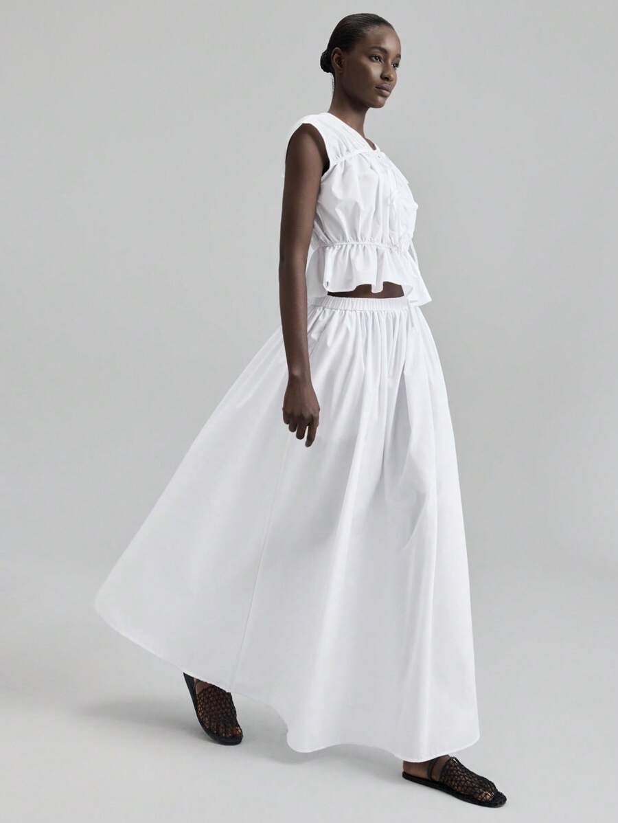 Ontre 女士秋季舒适度假休闲通勤褶饰抽绳上衣和裙子两件套，度假风格，乡村音乐节装扮，节日两件套 - 白色 - 查看 1