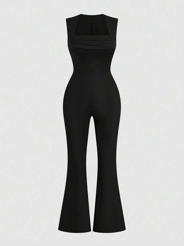 SHEIN Tall Vestido midi de cuello cuadrado acanalado y ajustado de color liso