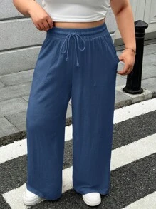 SHEIN EZwear 大码女式纯色抽绳腰口袋阔腿休闲裤 - 霧霾藍 - 查看 3