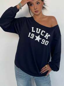 SHEIN 少女宽松不对称领口卫衣，休闲日常深蓝色宽松“幸运”标语印花长袖，适合初秋、秋冬季、返校季，可爱又时尚，适合假日亲子户外活动。 - 藏蓝色 - 查看 7