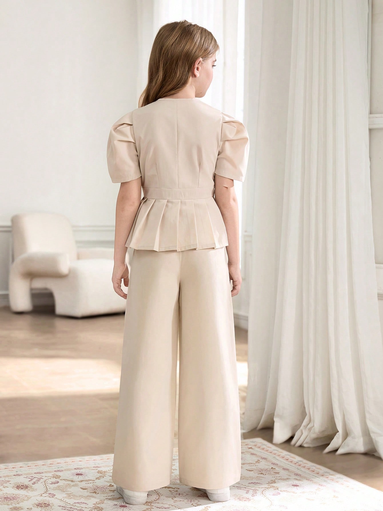 SHEIN مجموعة بنطلون وبليزر للفتيات بأكمام متضخمة و...