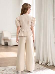 SHEIN 2 件套女童泡泡袖西装上衣，斜扣褶边和直筒阔腿裤套装 - 杏色 - 查看 2