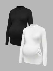 Modmama Autumn And Winter  Pregnant Women Plain Stand Collar Long Sleeve Casual Pleated T-Shirt