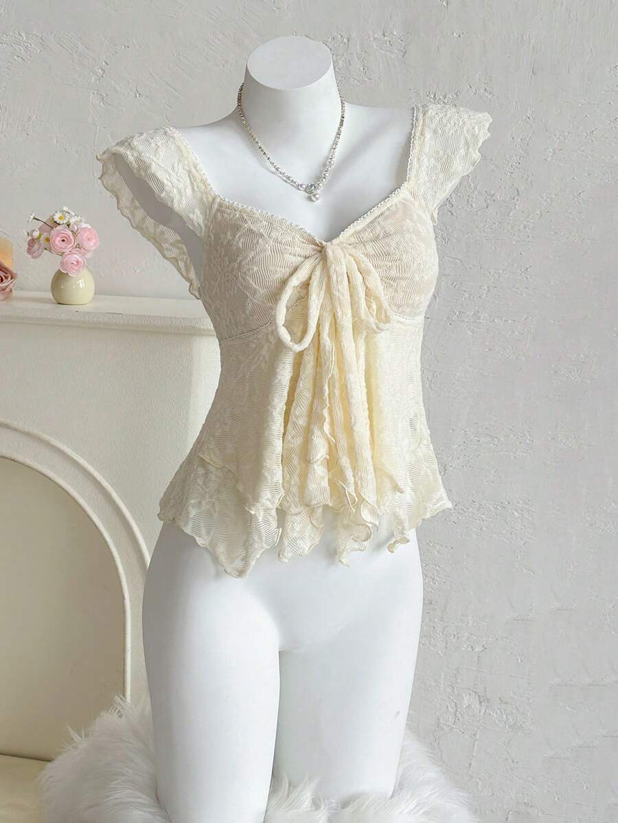 Sweetina Lace Boho Style Top, Vacation Casual, Asymmetric Hem & Cap Sleeve 4th Of July Women Cute Summer Tops Going Out Tops - White - View 1