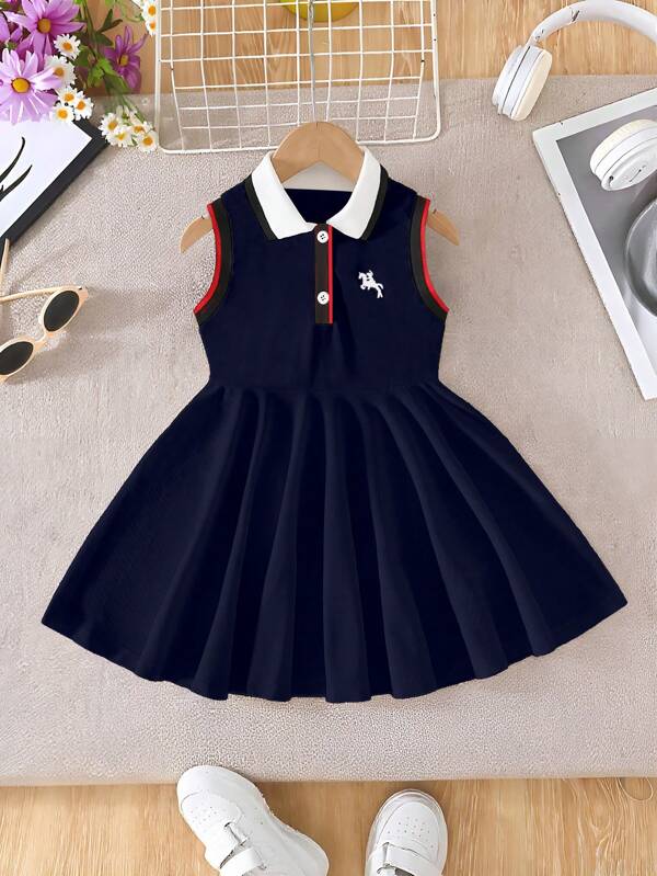 Souflis Souflis Girls' Fashion Casual Polo Collar Sleeveless High-Waist A-Line Solid Color Short Hem Embroidery Dress