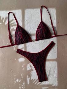 Swim Vcay 春假 2 件套夏季假期随机动物印花上衣配金色装饰和高腰比基尼泳裤性感泳衣套装