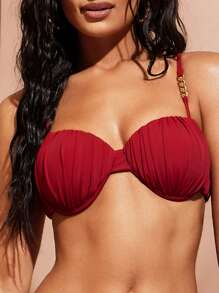Hauture Áo bikini hở lưng màu đỏ sẫm gợi cảm mùa hè cho nữ có chi tiết xích nhún bèo - Đỏ - Xem 4