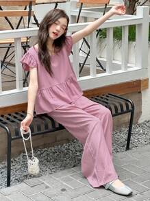 Dazy Kids 2pcs/Set Teenager Girls Cap Sleeve Top And Wide Leg Pants Summer Outfit