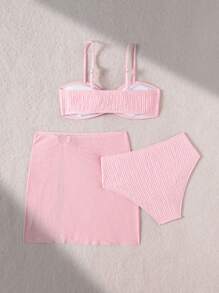 Tween Girls 3pcs Bikini Set, Pink Bandeau Bralette Crop Top, Pink Triangle Bottoms, Pink Mesh Skirt - Pink - View 2